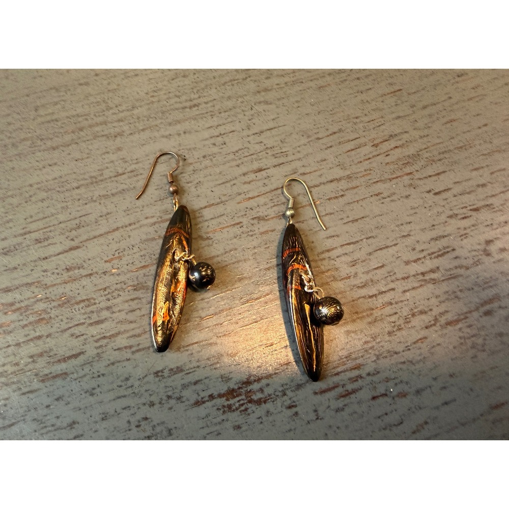 Hand Painted Elongated Drop Earrings Black Orange Gold Artisan Dangle Jewelry
